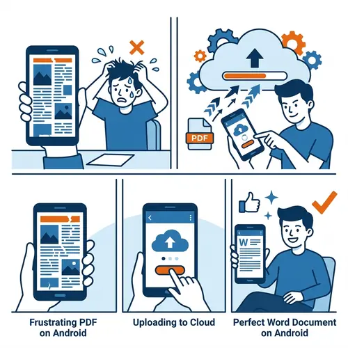 Three-panel process showing symbol errors, PdfXpo scanning, and perfect formatting